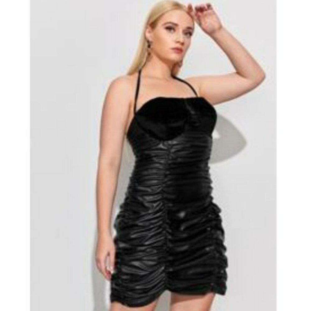 Black Suede Velvet Faux Leather Dress Women's Size 1X
